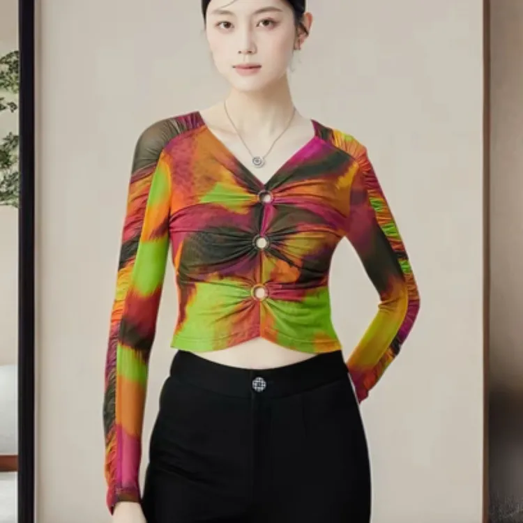 阿玛施清凉感气质印V领修身长袖纱衣上衣5301015