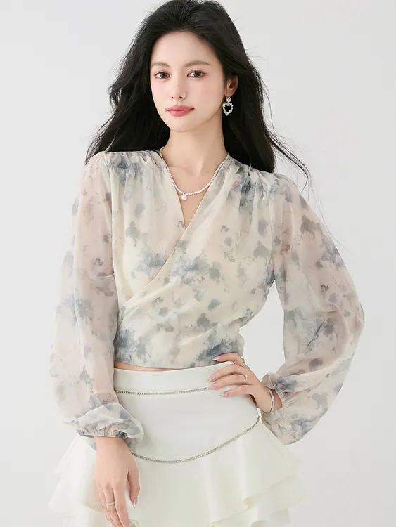 晕染印花V领雪纺衫女夏季绑带收腰气质灯笼袖长袖防晒上衣