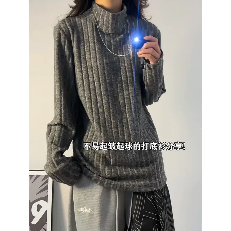 毛茸茸秋冬加绒加厚百搭基础T恤男女宽松休闲长袖半高领打底上衣