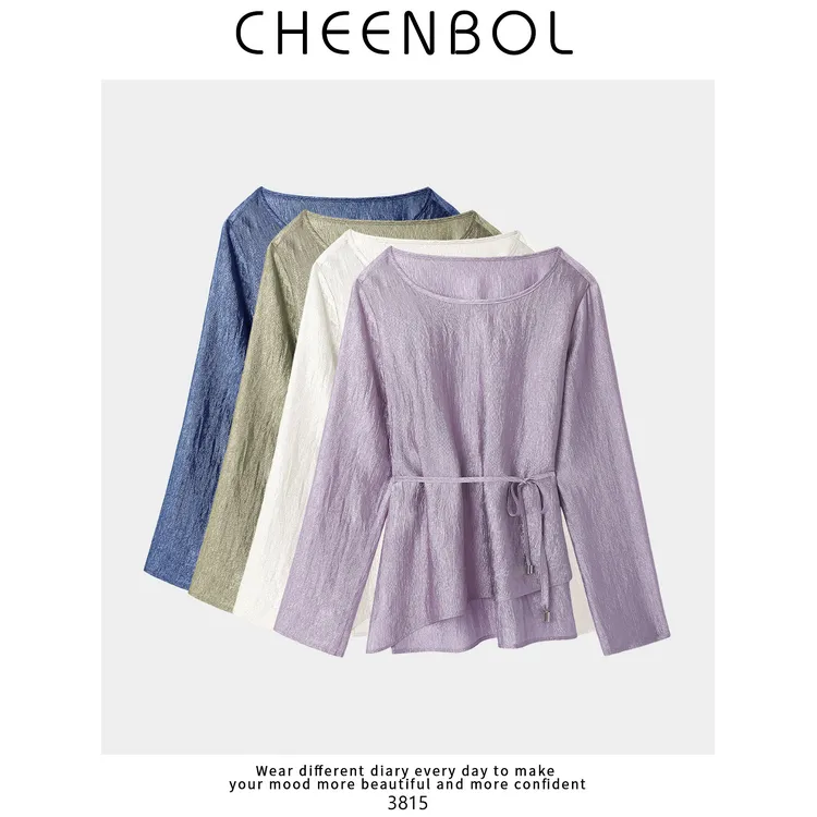 3815衬衫女夏季新款醋酸锦纶大圆领系带设计感通勤百搭小众上衣