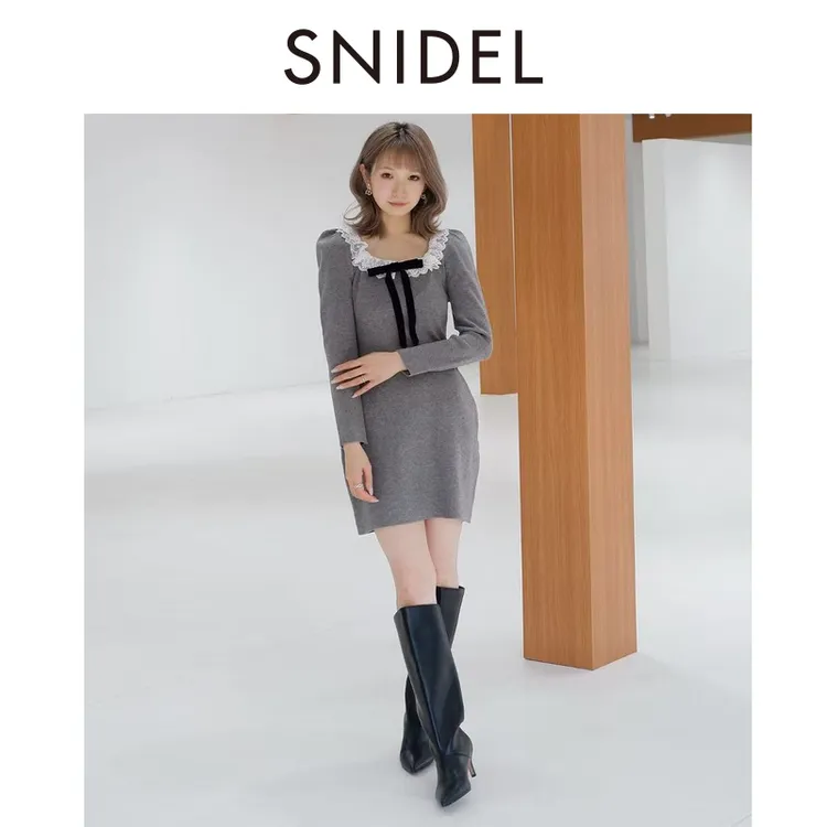 SNIDEL2025秋冬新品蕾丝边蝴蝶结连衣裙SWNO255175