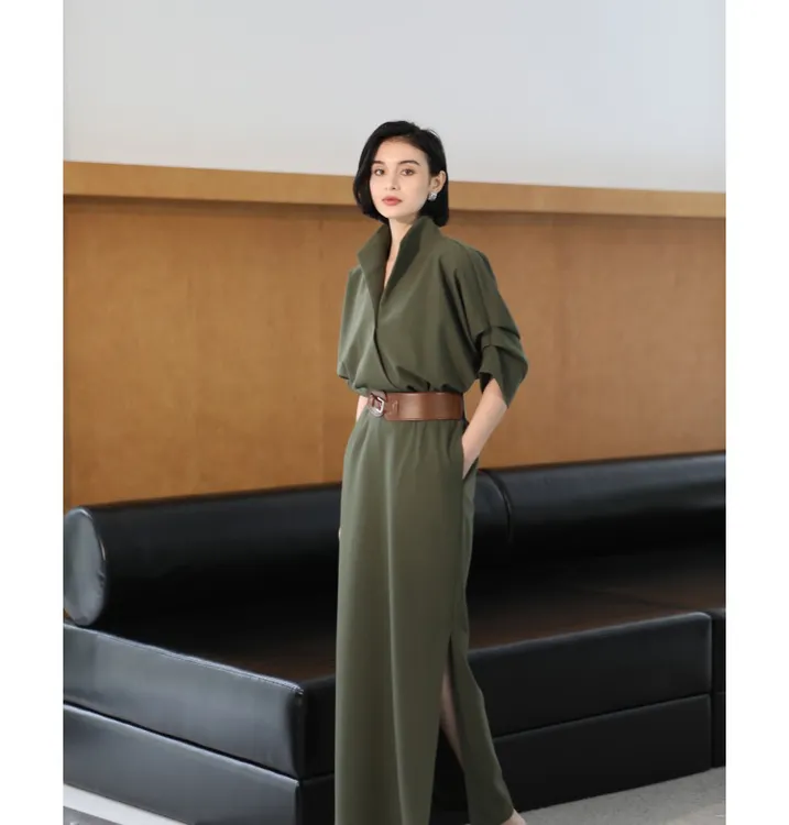 【名家】老钱风立领慵懒时髦衬衫领宽松H型连衣裙25夏季新品