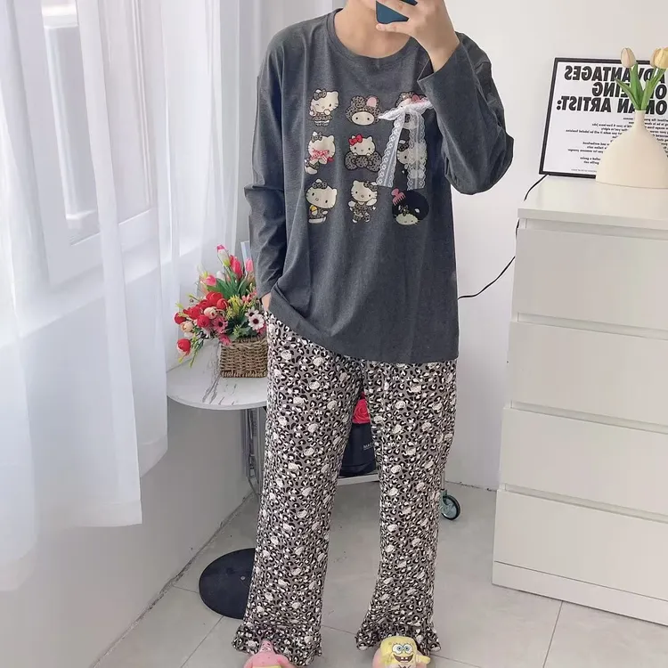秋季长裤长袖时尚AB型睡衣宽松卡通家居服套装休闲居家豹纹裤套装