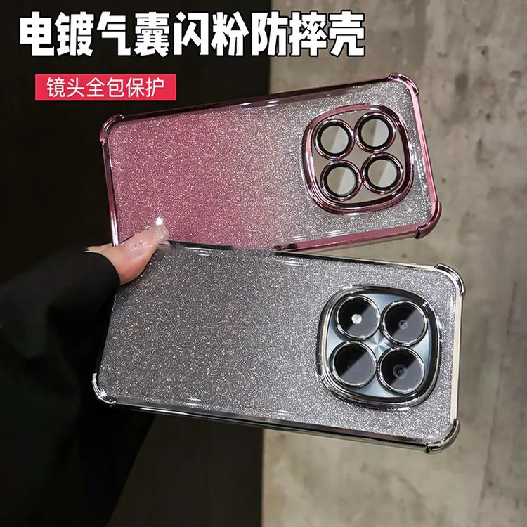 四角气囊防摔闪粉电镀适用红米note15/15pro手机壳+电镀简约透明