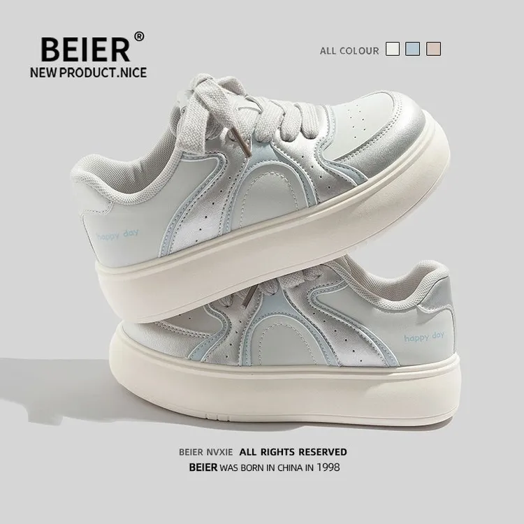 BEIER学生百搭小白鞋女鞋2025秋季新款透气运动休闲厚底板鞋2901
