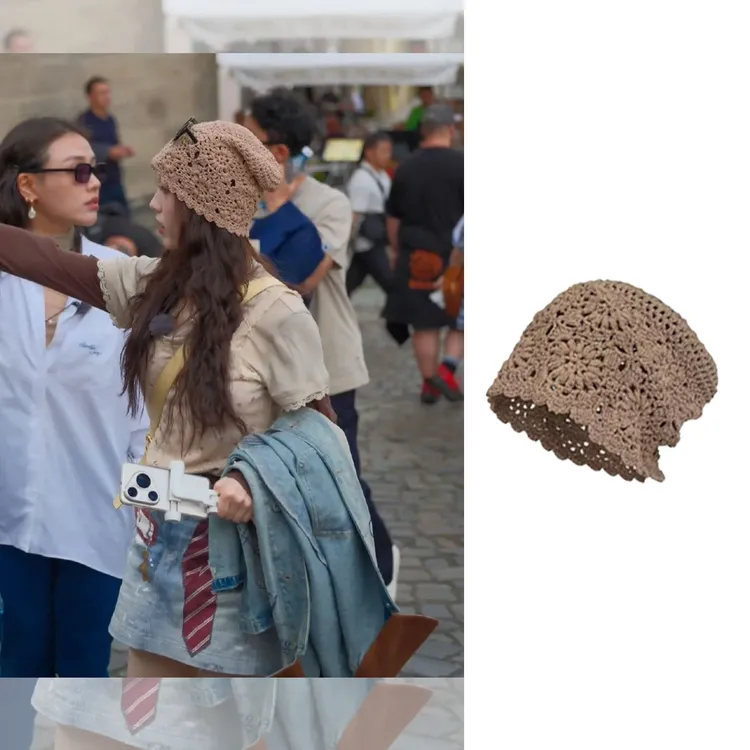 张雅琪同款日系手工镂空钩花针织帽女出游拍照百搭甜美薄款堆堆帽