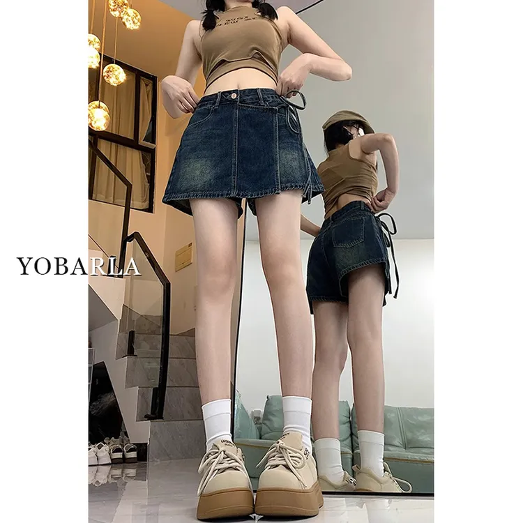 复古绑带牛仔半身裙夏季新款大码高腰显瘦梨形身材a字包臀短裙子