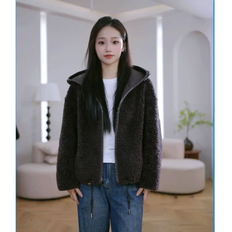 TF205新款100羊毛外套女宽松显瘦时尚连帽