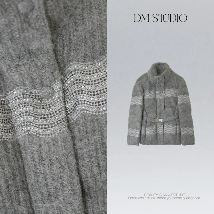 DEDM•STUDIO/冬季中长款钉珠亮片配腰带鹅绒服2511YRF/YR2506097