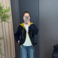 藏青色拼接撞色连帽毛衣女秋冬针织开衫外套韩版慵懒风上衣2025新