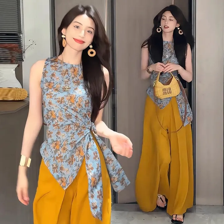 时尚套装女2025夏季新款时髦洋气设计感碎花无袖上衣阔腿裤两件套