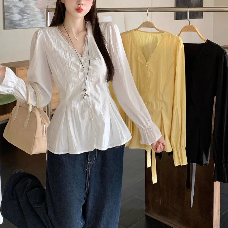 A2611大码衬衫蕾丝花边设计感绝美收腰上衣2025秋季新款长袖衬衫