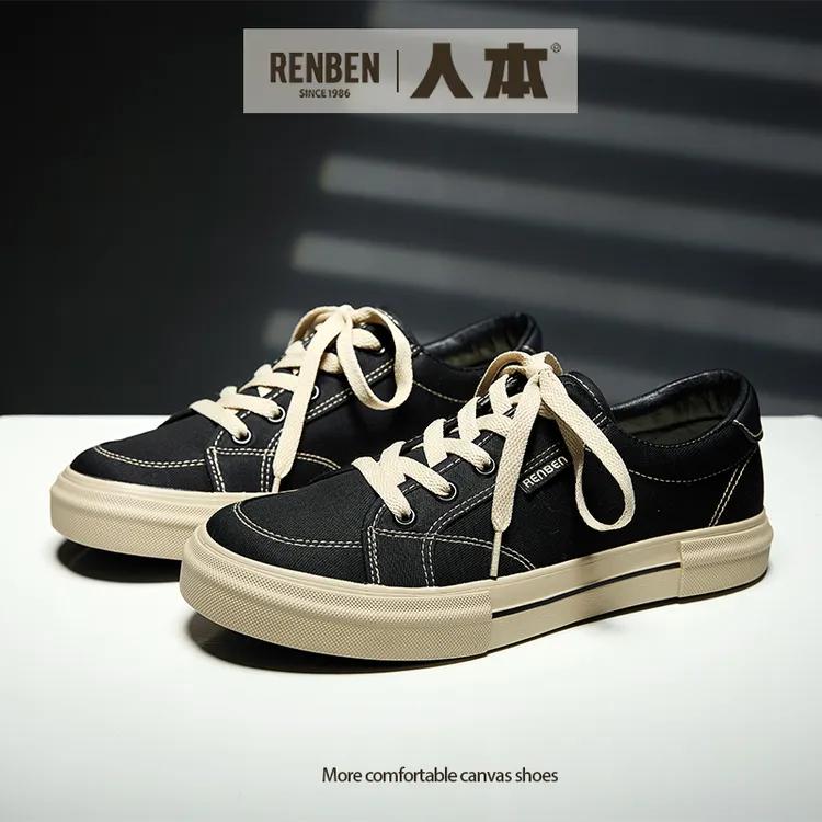 人本帆布鞋男2025秋季新款韩版百搭板鞋子舒适透气复古潮流低帮鞋