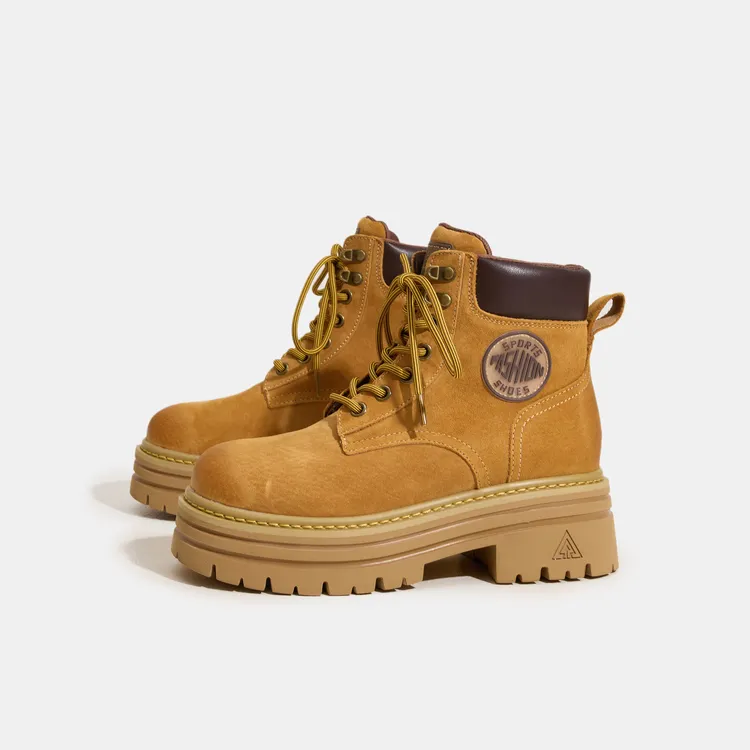 真皮大黄靴秋冬季加绒厚底内增高英伦风短靴女小个子工装靴