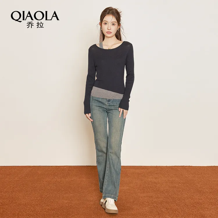 QIAOLA/乔拉【都市频率】秋季假两件百搭喇叭显瘦百搭时尚套装预售