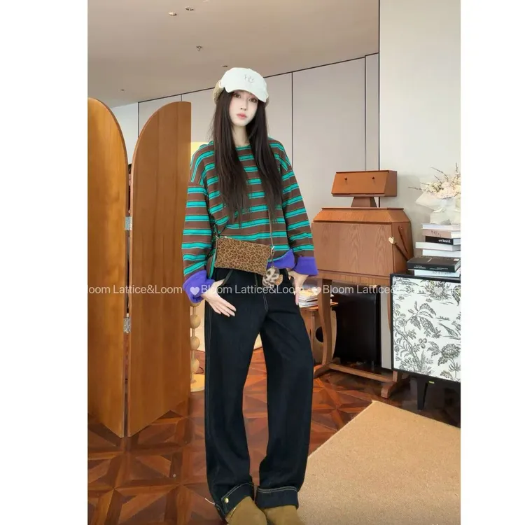 PCNY「活力炫纹」不理理新款小众女装穿搭撞色条纹时尚圆领卫衣