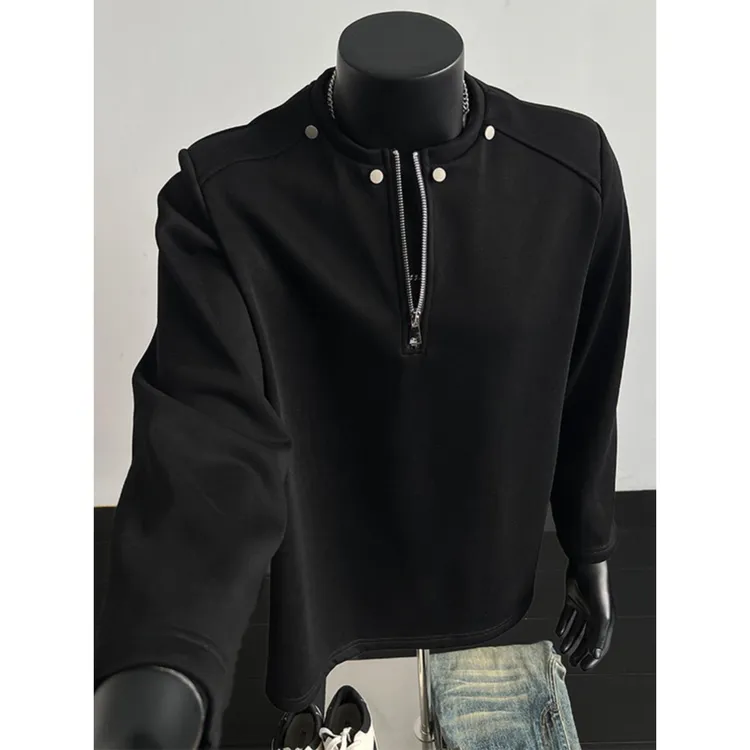 黑色半拉链垫肩高街卫衣男款春秋美式高街柳钉长袖T恤痞帅重磅