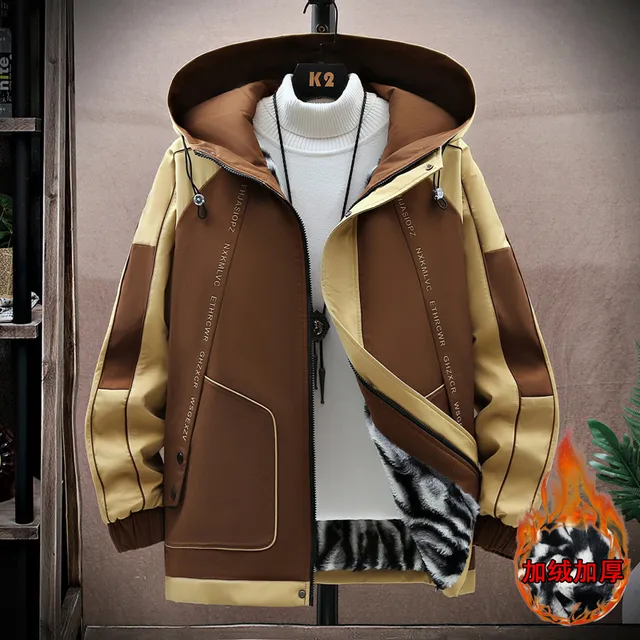 男士外套秋冬季青少年连帽初高中学生潮流加绒加厚夹克男帅气棉衣