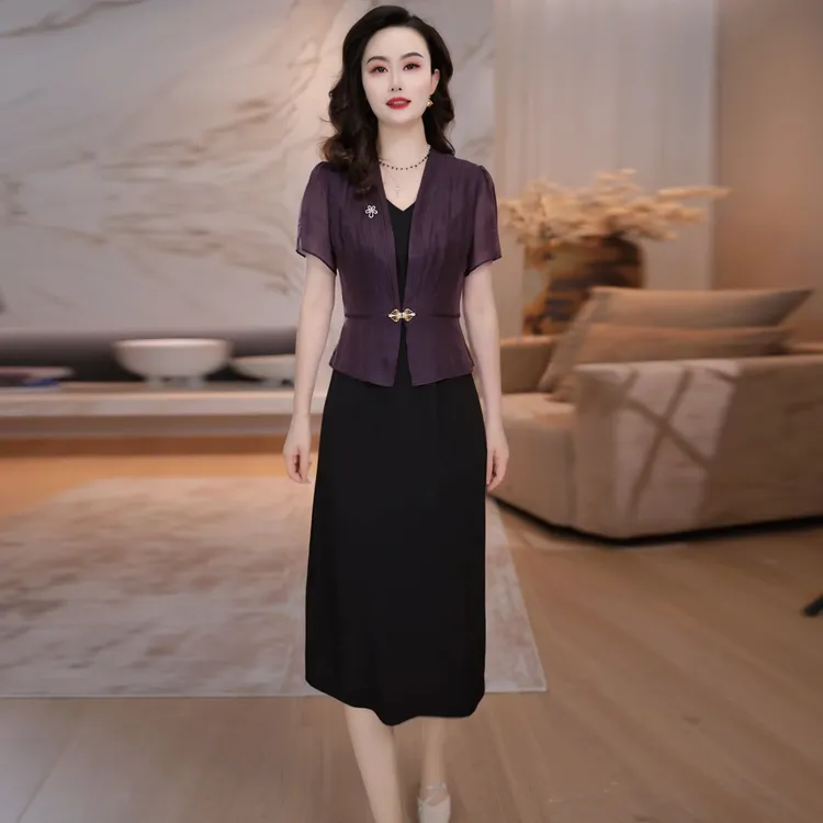 夏季新款假两件连衣裙气质时尚妈妈装洋气减龄女神范修身显瘦礼服