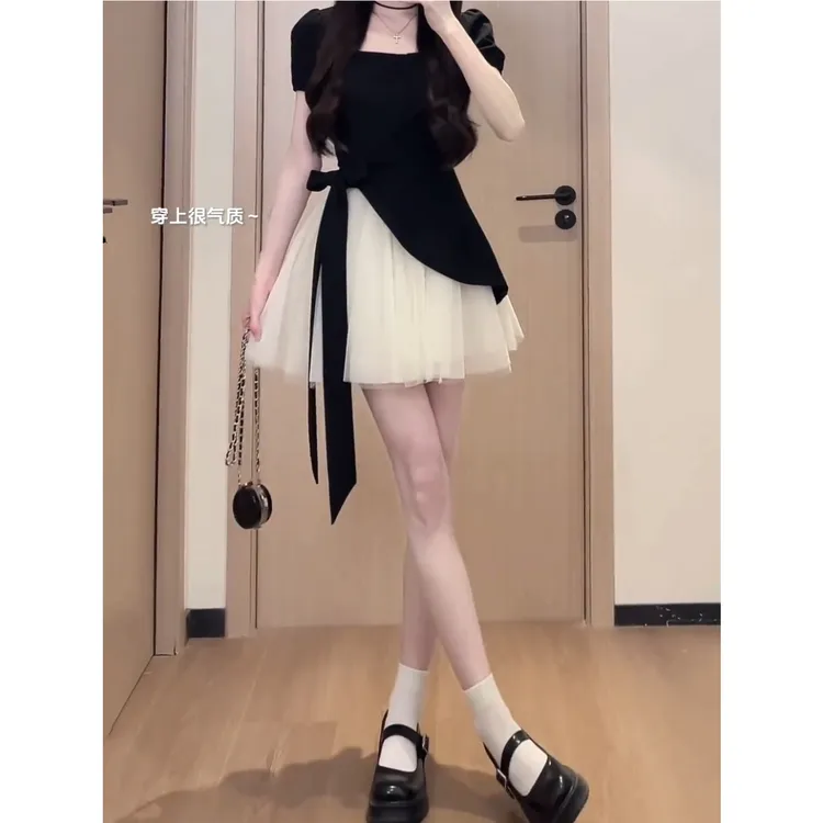 夏季新款撞色褶皱收腰设计感系带显瘦气质网纱连衣裙公主裙