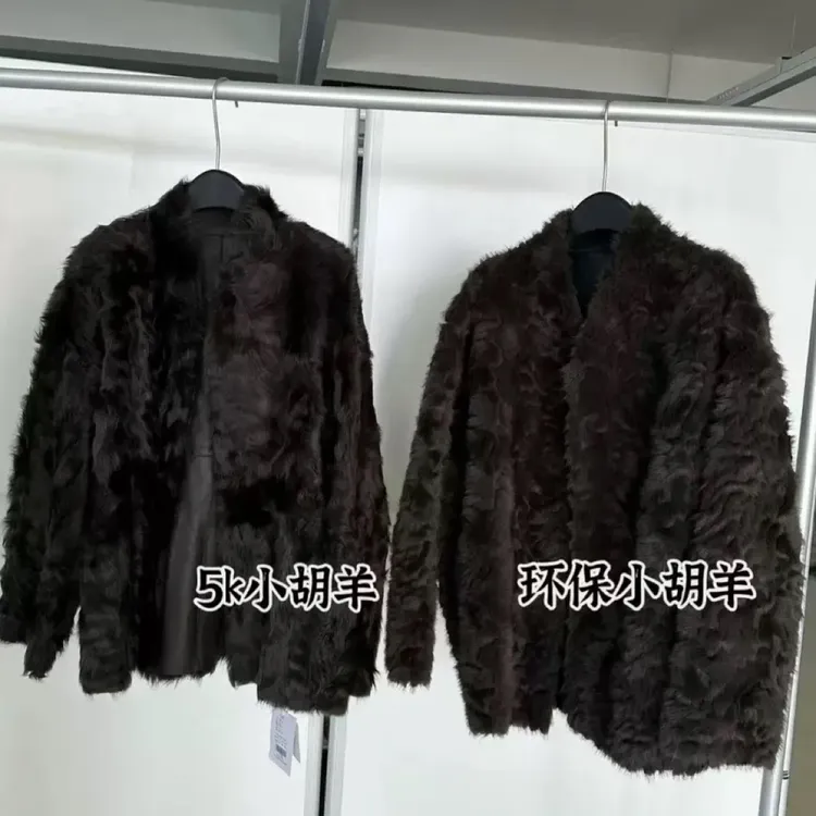 25冬仿小湖羊皮毛一体V领皮草大衣女气质环保毛短外套配围巾