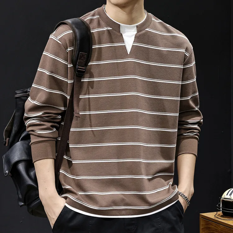 MR.MUDI/穆迪先生假两件V领条纹秋季新款卫衣男宽松休闲长袖衣服