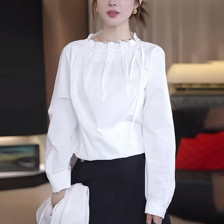 2025早秋季新款女白色长袖衬衫高级感洋气减龄显瘦系带立领上衣