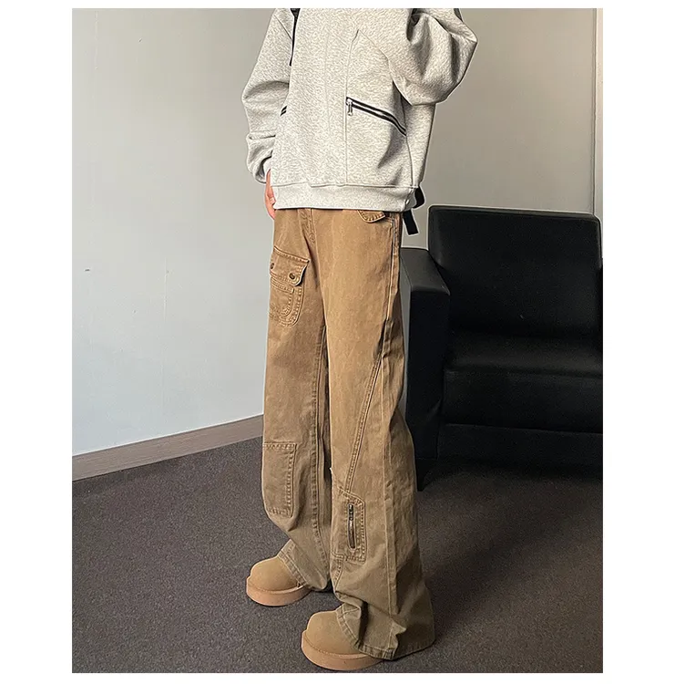 美式复古棕色直筒牛仔裤男vintage潮牌宽松水洗工装多口袋阔腿裤