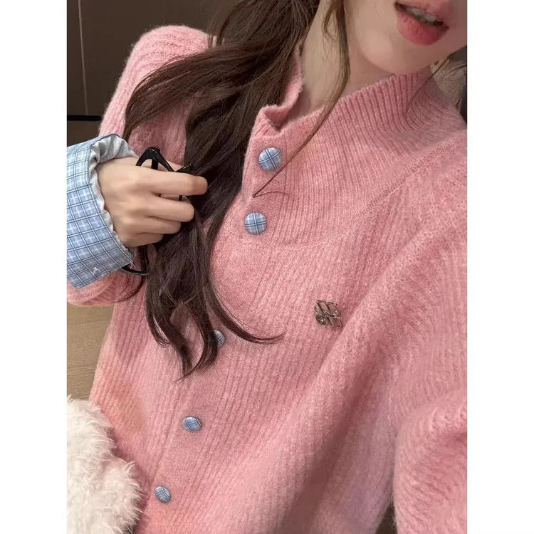 韩系复古灰色翻领长袖针织开衫女秋冬季慵懒风宽松显瘦毛衣外套