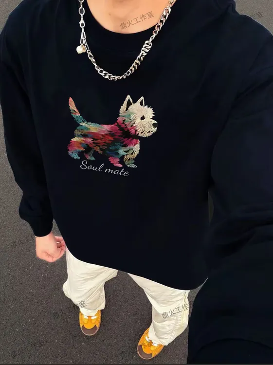 男重磅纯棉长袖卫衣早秋潮流写实小狗印花宽松圆领男女休闲长袖T