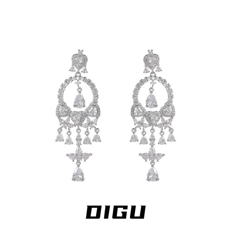 嘀咕家 铜合金合成锆石耳饰 爆闪爱心流苏耳环女闪钻耳钉长款耳饰