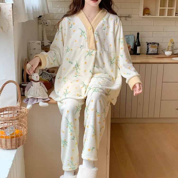 法兰绒月子服秋冬季产后10-3月份孕妇睡衣加厚加绒产妇哺乳家居服