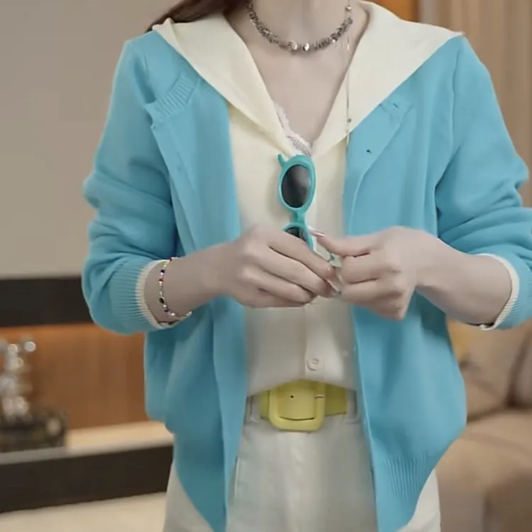时髦撞色假两件毛衣连帽针织衫女冬季洋气休闲长袖设计感外套A-02