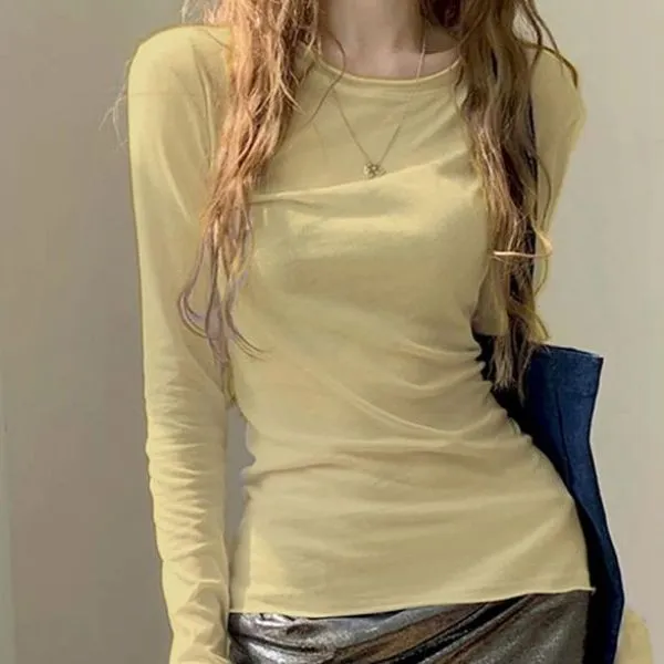 卷边薄款微透长袖春季2025打底衫女内搭上衣修身显瘦防晒罩衫T恤