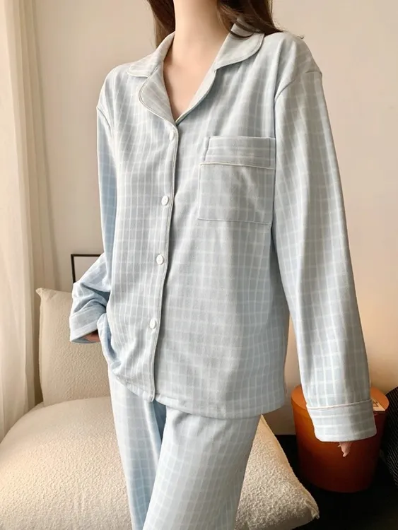 简约格子休闲睡衣女款秋冬季保暖薄绒款德绒家居服套装开衫