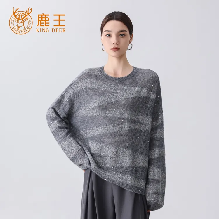 【设计师款】鹿王女圆领100山羊绒珠片纱条纹宽松套衫 厚 XM1108
