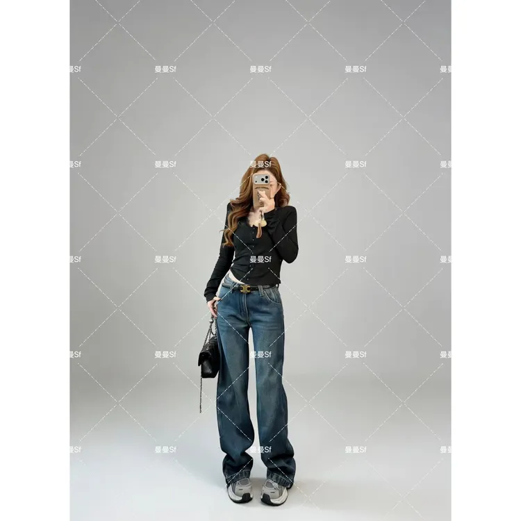 曼曼【直腿神器~】美式复古加绒直筒牛仔裤Z1661#