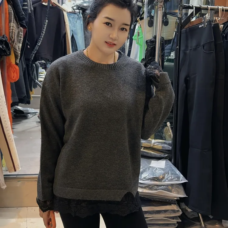 【蕾丝】冬季纯色简约下摆拼蕾丝长袖毛衣圆领中长款