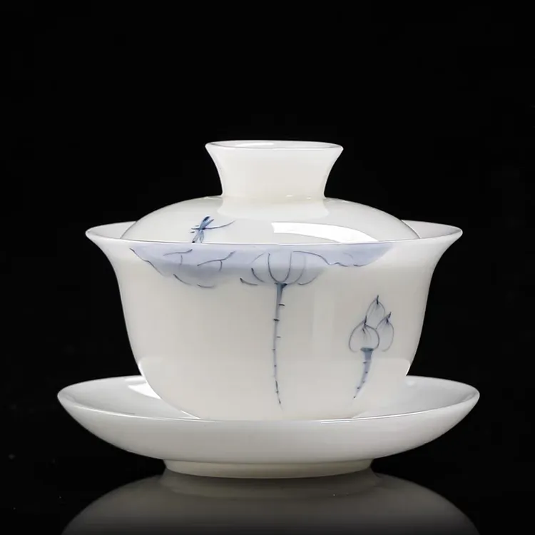 冰种璞玉釉下彩手绘荷花高档悬停三才盖碗泡茶碗茶杯白瓷功夫茶具商品图