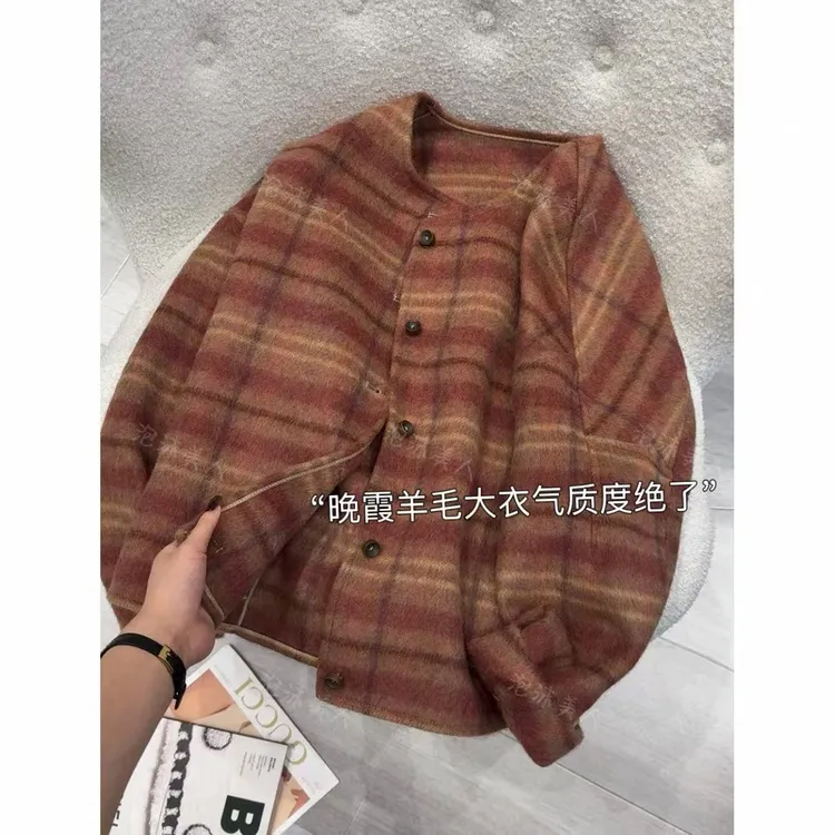 羊毛双面呢大衣」加厚冬季宽松小个子通勤时尚保暖毛呢外套（58-60