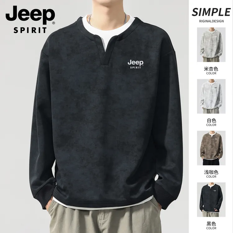 吉普圆领卫衣男士2025秋季新款假两件宽松休闲潮流长无帽加绒卫衣