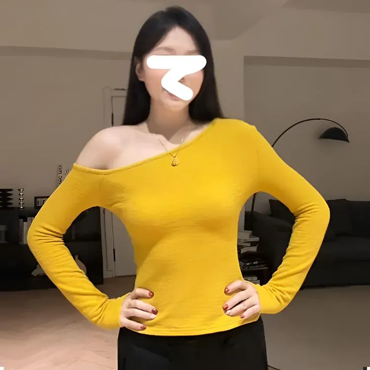 简约气质露肩设计纯色修身T恤女2025春夏新款韩系黄色多巴胺上衣