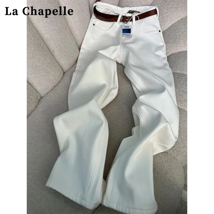 拉夏贝尔纯棉高品质白色窄版阔腿牛仔裤女新款秋装高腰显瘦裤子