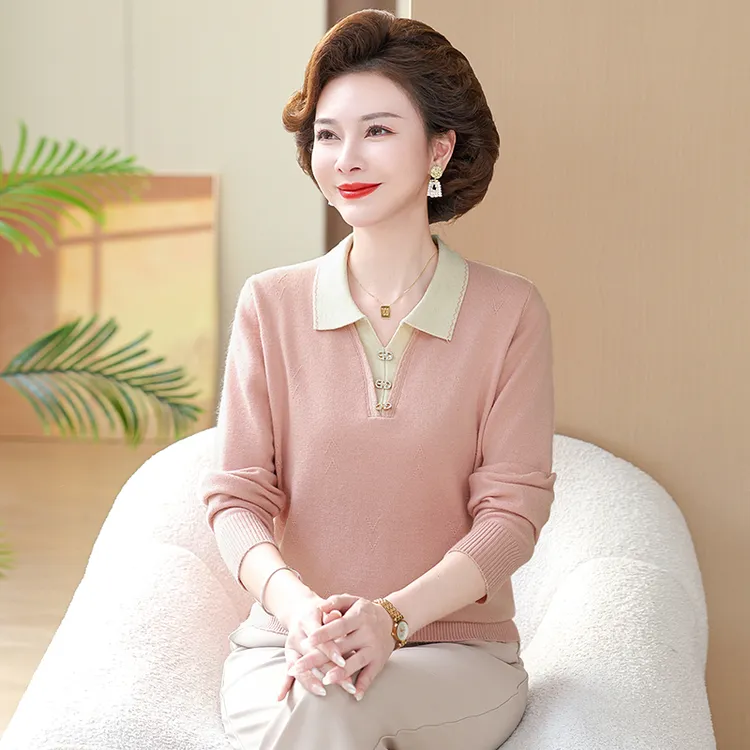 春秋新款妈妈装气质休闲翻领毛衫遮肉减龄透气亲肤中老年单面上衣
