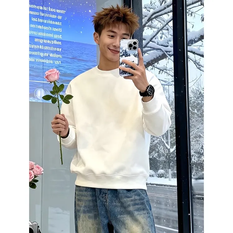 白色cleanfit加绒卫衣男款秋冬圆领正肩长袖T恤潮牌重磅内搭上衣
