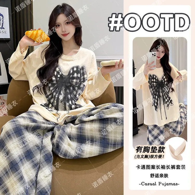 纯棉睡衣女100%全棉2025爆款新款春秋长袖长裤高档带胸垫家居服女