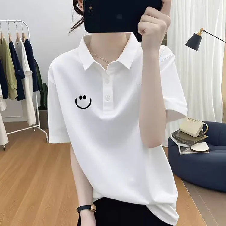 夏季多巴胺欧货时尚宽松打底衫POLO领棉质短袖白色t恤女新款上衣