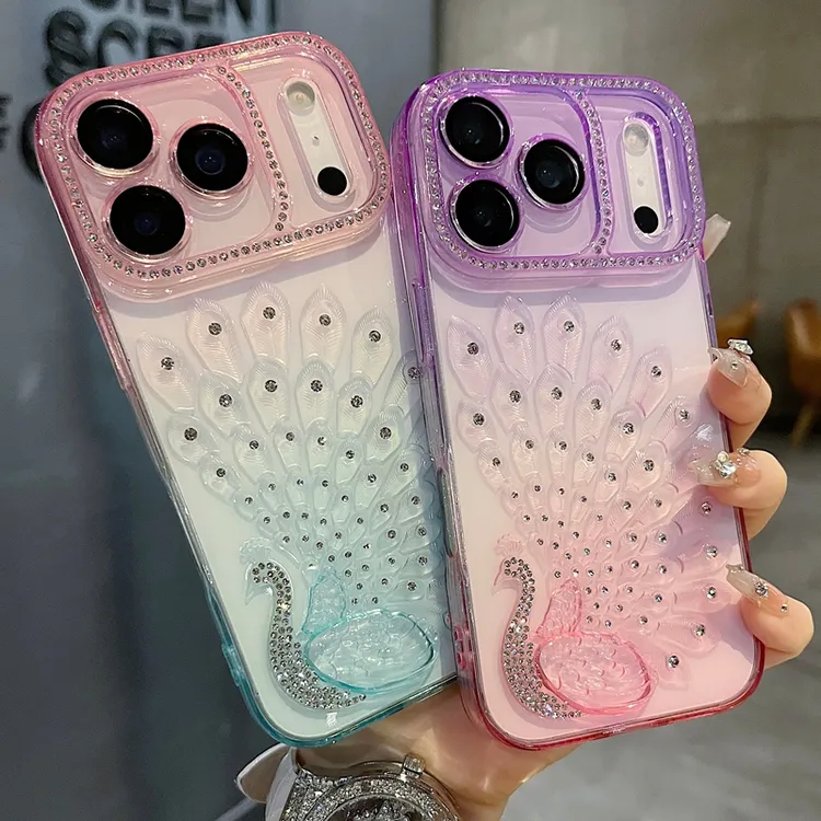 适用苹果系列iPhone17新款手机壳小众高级感炫彩孔雀全包精孔钻框