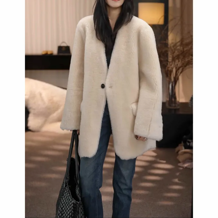 卢尚一粒扣V领毛毛外套700806