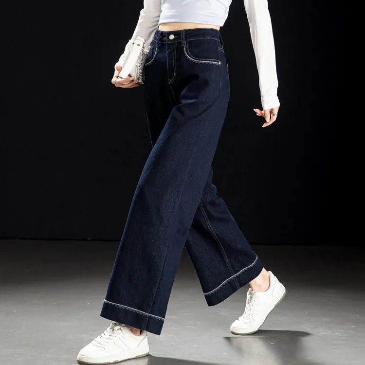 明线花边直筒裤女2025新款复古深蓝色高腰牛仔裤女秋季小众阔腿裤